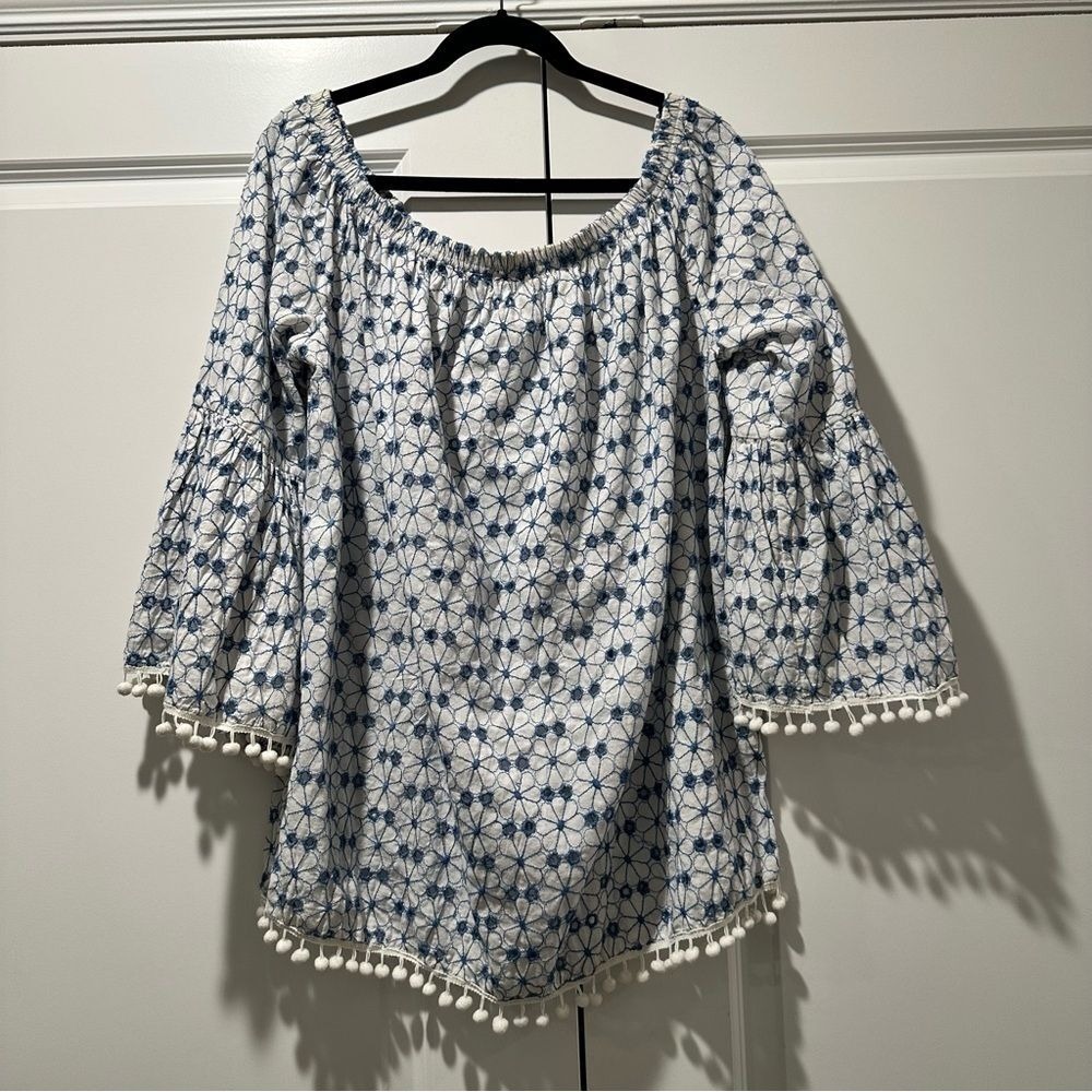 Pure Nordic  XL Blue White Eyelet Cotton Pom Pom Off Shoulder Bell Sleeve Top